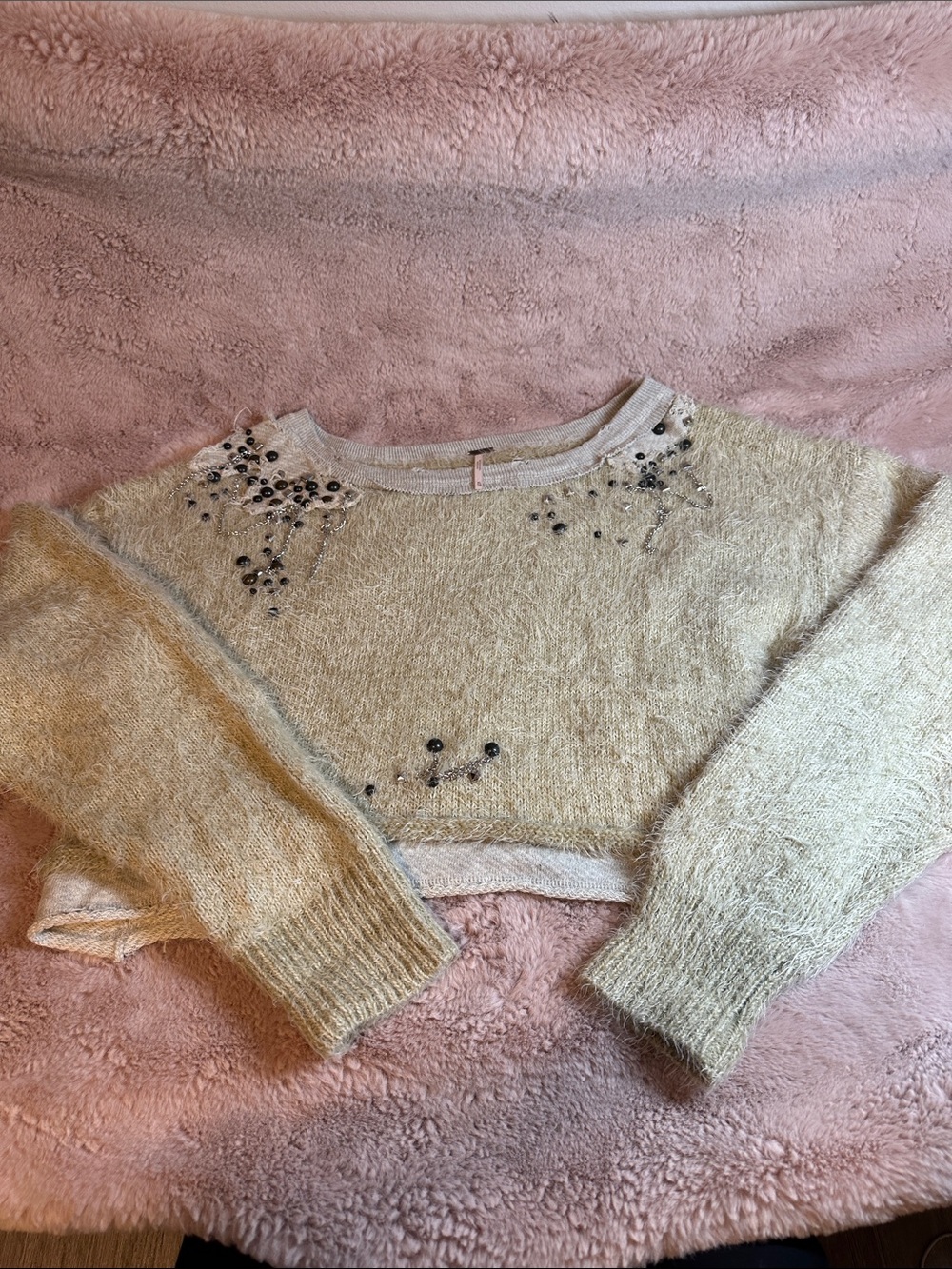 Free People Beaded Fuzzy Cropped Sweater - Light Beige